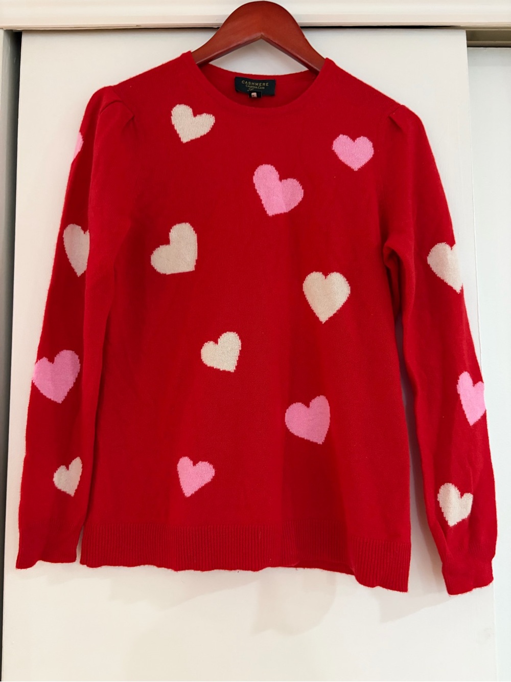 Charter Club Red Cashmere Crewneck Sweater with Pink and Cream Hearts